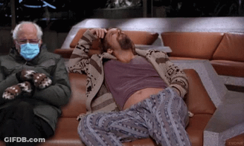 A Man With A Beard Is Laying On A Couch Next To A Man Wearing A Mask GIF