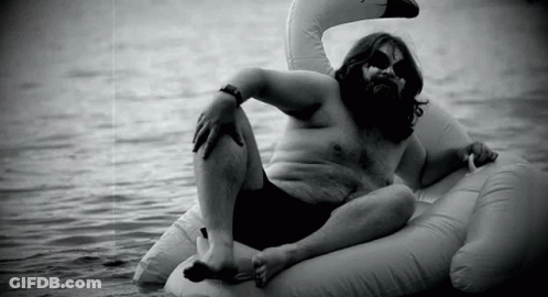 A Man With A Beard Is Laying On An Inflatable Swan In The Water . GIF