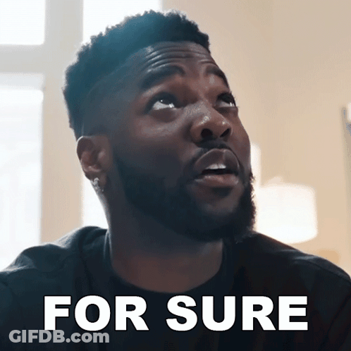 A Man With A Beard Is Looking Up With The Words For Sure Written Below Him GIF