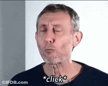 A Man With A Beard Is Making A Funny Face With His Eyes Closed And The Words `` Click '' Written Next To Him . GIF