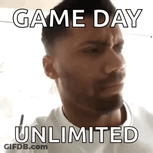 A Man With A Beard Is Making A Funny Face With The Words Game Day Unlimited GIF