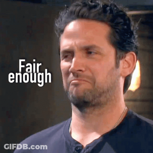 A Man With A Beard Is Making A Sad Face With The Words Fair Enough Behind Him GIF