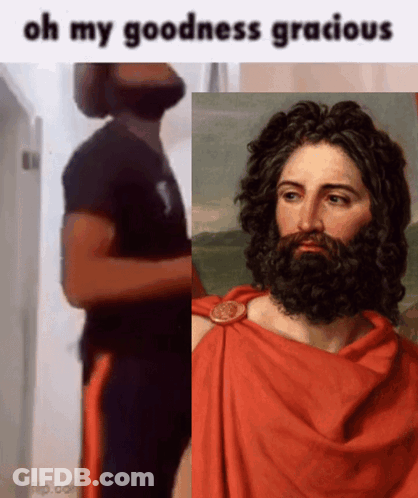 A Man With A Beard Is Next To A Painting Of A Man With A Red Robe GIF