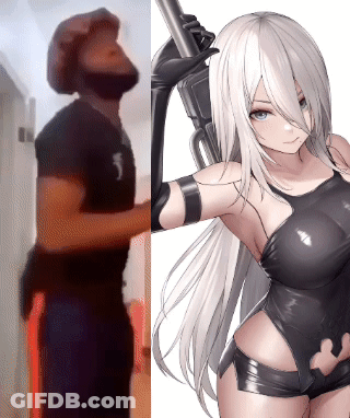 A Man With A Beard Is Next To A Picture Of A Girl With Long White Hair Holding A Gun GIF