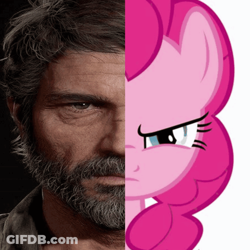 A Man With A Beard Is Next To A Pink Pony With A Sad Look On Her Face GIF