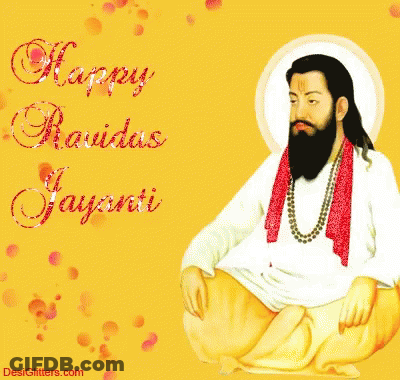 A Man With A Beard Is On A Yellow Background With The Words Happy Ravidas Jayanti Above Him GIF