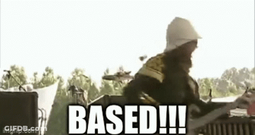 A Man With A Beard Is Playing A Guitar And The Words `` Based !!! '' Are Above Him . GIF