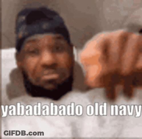 A Man With A Beard Is Pointing At The Camera With The Words Babadabado Old Navy Written On It . GIF