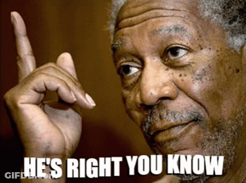A Man With A Beard Is Pointing Up With The Words He 'S Right You Know Below Him GIF