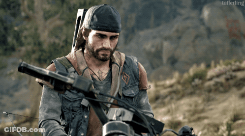 A Man With A Beard Is Riding A Motorcycle And Holding A Gun In A Video Game GIF