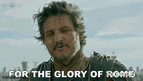 A Man With A Beard Is Saying `` For The Glory Of Taxman '' While Standing In Front Of A City . GIF
