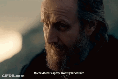 A Man With A Beard Is Saying Queen Alcent Eagerly Awaits Your Answer GIF