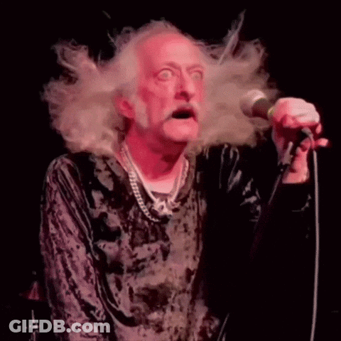 A Man With A Beard Is Singing Into A Microphone With His Hair Blowing In The Wind . GIF