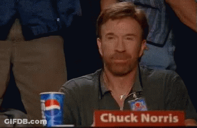 A Man With A Beard Is Sitting At A Table With A Sign That Says Chuck Norris GIF