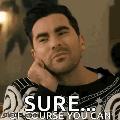 A Man With A Beard Is Sitting At A Table With His Hand On His Chin And The Words `` Sure Of Course You Can '' . GIF