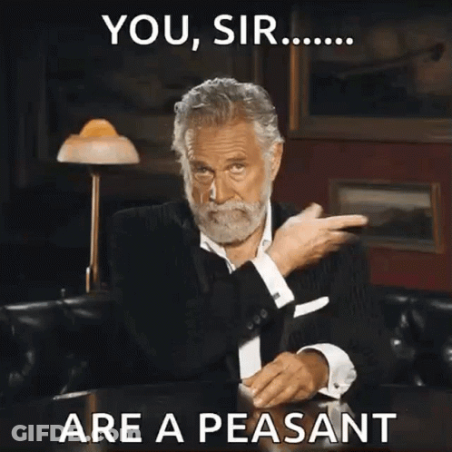 A Man With A Beard Is Sitting At A Table With The Words You Sir Are A Peasant GIF