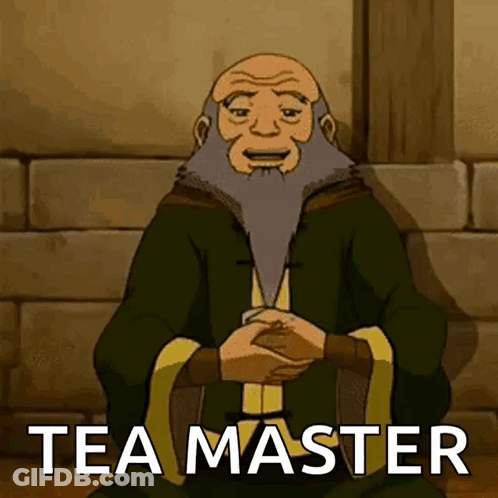 A Man With A Beard Is Sitting Down With His Hands Folded And The Words Tea Master Written On The Bottom GIF