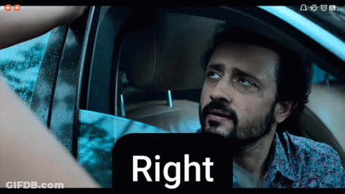 A Man With A Beard Is Sitting In A Car Next To The Word Right GIF