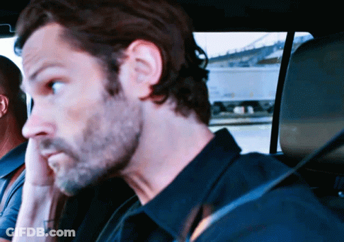 A Man With A Beard Is Sitting In A Car With His Hand On His Face GIF