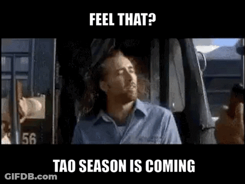 A Man With A Beard Is Sitting In A Car With The Words Feel That Tao Season Is Coming GIF