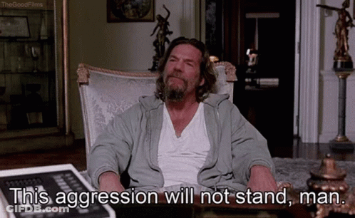 A Man With A Beard Is Sitting In A Chair With The Words This Aggression Will Not Stand Man GIF