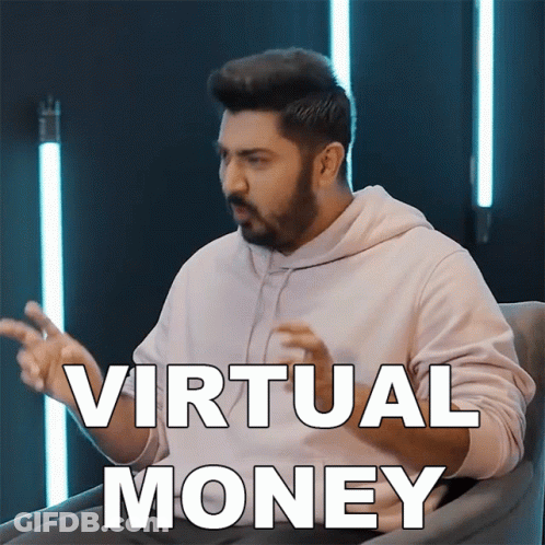 A Man With A Beard Is Sitting In A Chair With Virtual Money Written On The Screen GIF