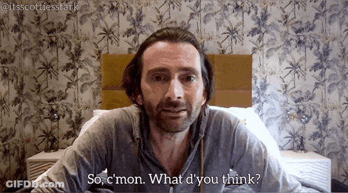 A Man With A Beard Is Sitting In Front Of A Bed And Says " So C'mon What D'you Think " GIF