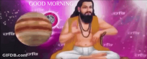 A Man With A Beard Is Sitting In Front Of A Planet With The Words Good Morning On It GIF