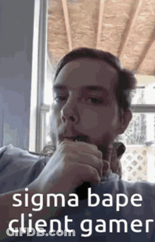 A Man With A Beard Is Sitting In Front Of A Window With His Hand On His Chin And The Caption Sigma Bape Client Gamer . GIF