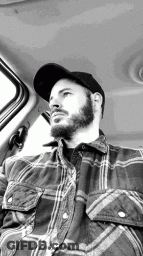 A Man With A Beard Is Sitting In The Back Seat Of A Car Wearing A Plaid Shirt And A Hat . GIF