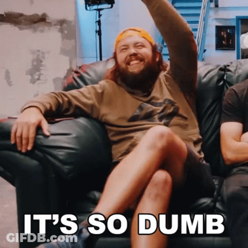 A Man With A Beard Is Sitting On A Couch With The Words It 'S So Dumb Behind Him GIF