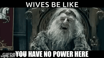 A Man With A Beard Is Sitting On A Throne With A Caption That Says `` Wives Be Like You Have No Power Here '' GIF