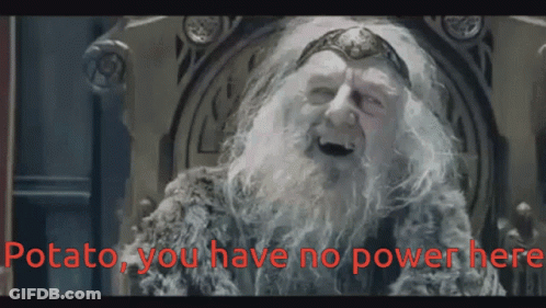 A Man With A Beard Is Sitting On A Throne With The Words Potato You Have No Power Here Written Below Him GIF