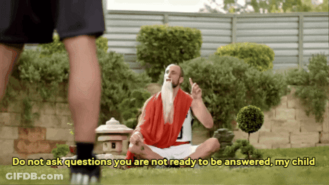 A Man With A Beard Is Sitting On The Grass And Says Do Not Ask Questions GIF