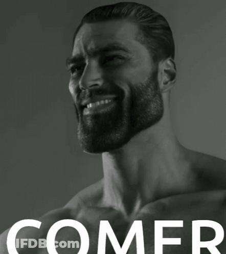 A Man With A Beard Is Smiling In A Black And White Photo With The Word Comer On The Bottom GIF