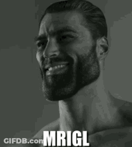 A Man With A Beard Is Smiling In A Black And White Photo With The Words `` Mrigl '' . GIF