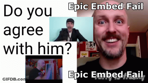 A Man With A Beard Is Smiling In Front Of A Sign That Says Epic Embed Fail GIF
