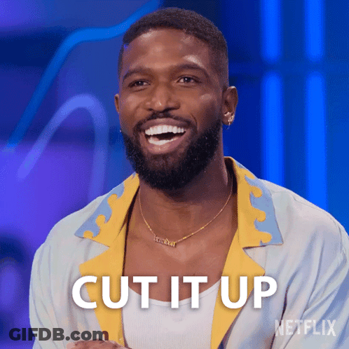 A Man With A Beard Is Smiling With The Words Cut It Up In The Background GIF