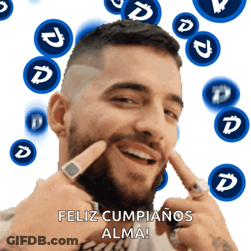 A Man With A Beard Is Smiling With The Words Feliz Cumplanos Alma GIF