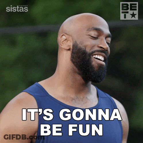 A Man With A Beard Is Smiling With The Words It 'S Gonna Be Fun Below Him GIF