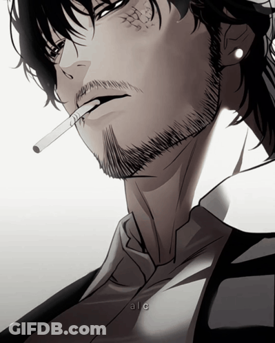 A Man With A Beard Is Smoking A Cigarette And The Word Alc Is On The Bottom Left GIF