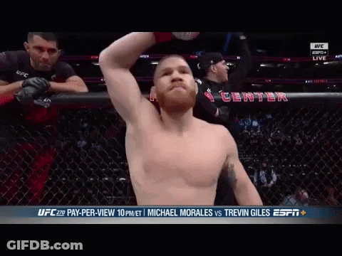 A Man With A Beard Is Standing In A Cage With A Sign That Says Ufc On It GIF