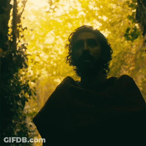 A Man With A Beard Is Standing In A Forest With Trees In The Background GIF