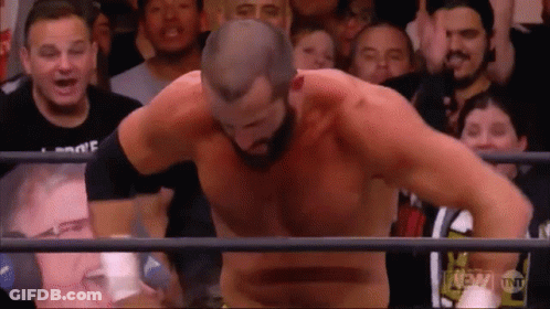 A Man With A Beard Is Standing In A Wrestling Ring With A Crowd Watching . GIF