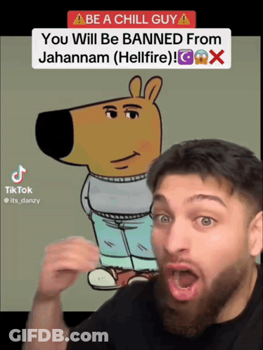 A Man With A Beard Is Standing In Front Of A Cartoon Character That Says Be A Chill Guy GIF
