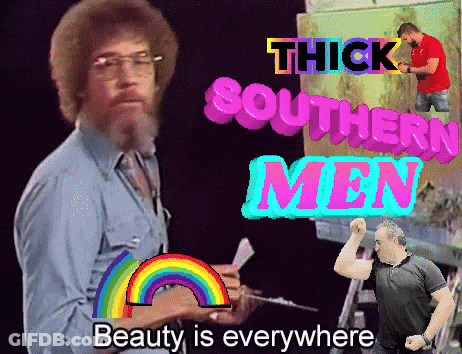 A Man With A Beard Is Standing In Front Of A Painting That Says " Thick Southern Men " GIF