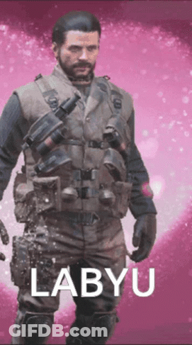 A Man With A Beard Is Standing In Front Of A Pink Background With The Name Labyu On It GIF
