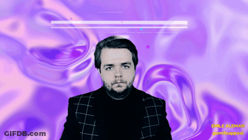 A Man With A Beard Is Standing In Front Of A Purple Background With The Name Emile Allman Written On It GIF