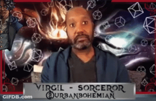 A Man With A Beard Is Standing In Front Of A Sign That Says Virgil Sorceror GIF