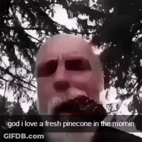 A Man With A Beard Is Standing In Front Of A Tree And Says `` God I Love A Fresh Pinecone In The Morning '' GIF